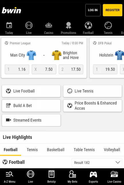 Bwin main mobile page
